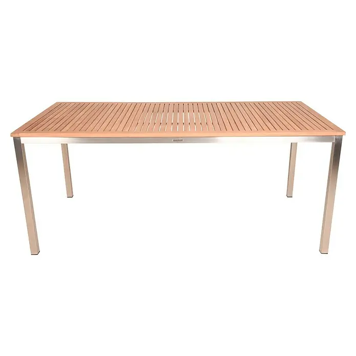 Garden Pleasure Gartentisch Denver - L x B x H: 180 x 90 x 75 cm, Teak, Natur/Silber - Diese Abbildung zeigt einen modernen Esstisch mit einer Holzplatte und einem hellen Metallgestell. Er eignet sich perfekt für den Garten oder die Terrasse.