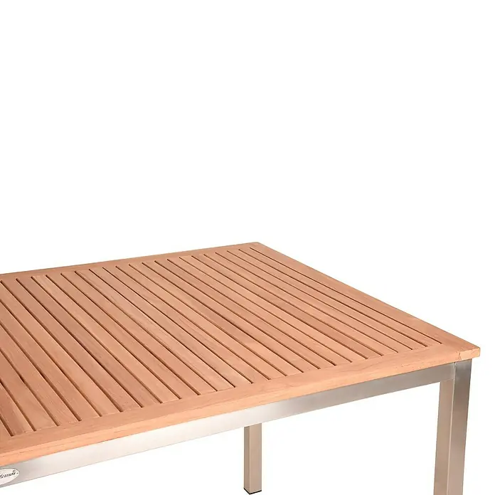 Garden Pleasure Gartentisch Denver - L x B x H: 180 x 90 x 75 cm, Teak, Natur/Silber - Nahaufnahme eines Gartentisches mit Holzlattenplatte und Edelstahlgestell, ideal für den Außenbereich.