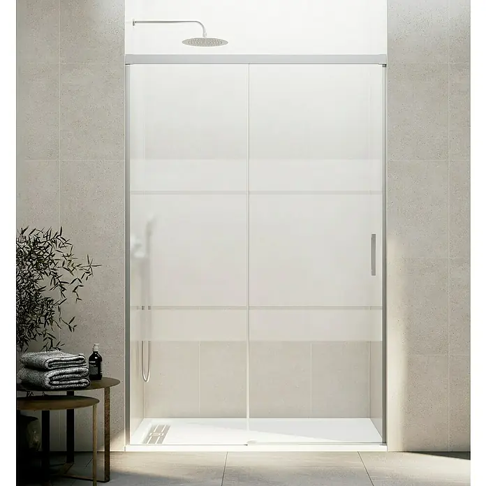 GME Mampara de ducha frontal Basic - 115 x 196 cm, Vidrio serigrafiado, Nickel - Elegante cabina de ducha con puertas correderas y un diseño moderno y minimalista. Perfecta para un baño con estilo.