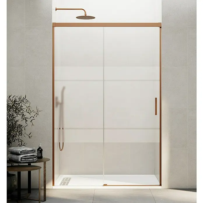 GME Mampara de ducha frontal Basic - 160 x 196 cm, Vidrio serigrafiado, Cobre - Elegante cabina de ducha con puertas correderas y marco de bronce, que realza un diseño de baño moderno. Acabado de alta calidad para un ambiente elegante.