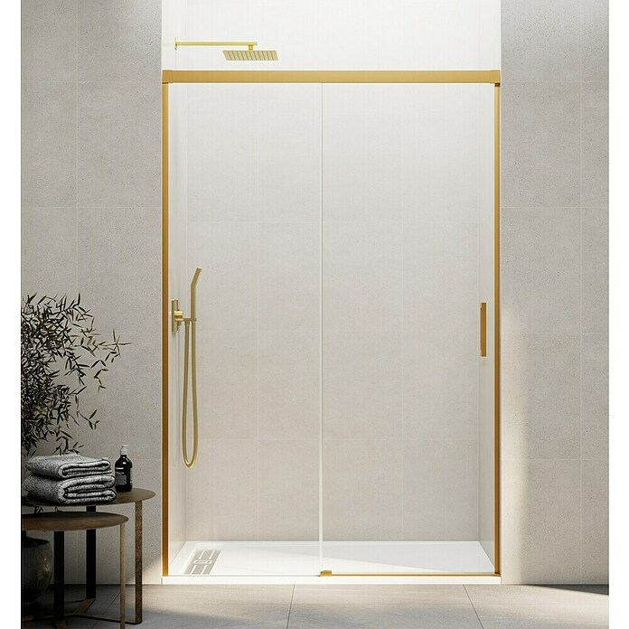 GME Mampara de ducha frontal Basic (An x Al: 150 x 196 cm, Longitud regulable: 145 cm - 150 cm, Vidrio transparente, Espesor: 6 mm, Oro) | BAUHAUS