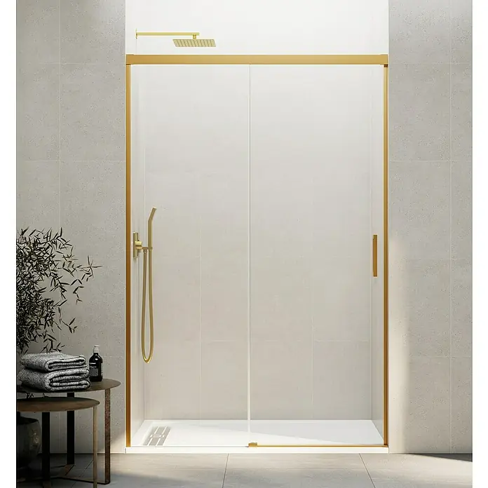 GME Mampara de ducha frontal Basic - 180 x 196 cm, Vidrio transparente, Oro - Elegante cabina de ducha con marco dorado y puertas correderas, que aporta un toque de lujo a cualquier baño.
