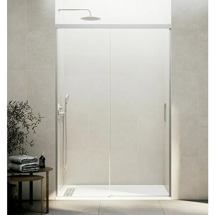 GME Mampara de ducha frontal Basic - 180 x 196 cm, Vidrio transparente, Nickel - Cabina de ducha moderna con puertas correderas y accesorios elegantes, que se integra perfectamente en cualquier diseño de baño.