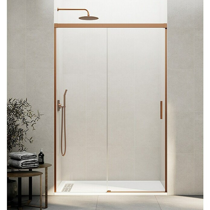 GME Mampara de ducha frontal Basic (An x Al: 200 x 196 cm, Longitud regulable: 190 cm - 200 cm, Vidrio transparente, Espesor: 6 mm, Cobre) | BAUHAUS