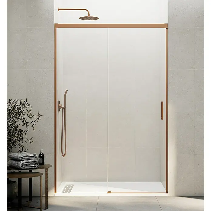 GME Mampara de ducha frontal Basic - 160 x 196 cm, Vidrio transparente, Cobre - Elegante mampara de ducha con puertas correderas y marcos de color bronce para un diseño de baño moderno.