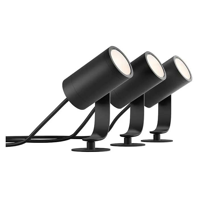 Philips Hue LED-Gartenspot-Set White & Color Ambiance Lily - RGBW, IP65, Höhe: 19,4 cm, 3 Stk. - Drei moderne schwarze Strahler, die Licht nach oben werfen, ideal für Akzentbeleuchtung im Außenbereich. Elegantes Design mit klaren Linien.