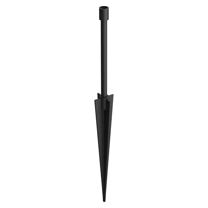 Philips Hue LED-Gartenspot-Set White & Color Ambiance Lily - RGBW, IP65, Höhe: 19,4 cm, 3 Stk. - Ein dunkler Erdspieß, ideal für die Gartenarbeit, steht vor einem schwarzen Hintergrund.