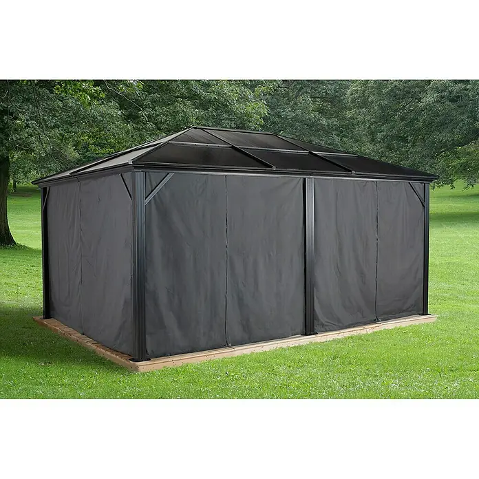Sojag Standard-Pavillon Meridien 12 x 16 - B x T: 485 x 365 cm, Farbe Gestell: Anthrazit, Aluminium - Pavillon mit schwarzem Stoff verhüllt, um Privatsphäre und Schutz vor den Elementen im Außenbereich zu bieten.