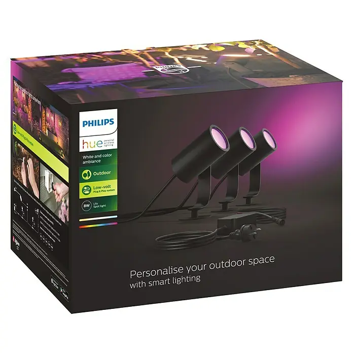 Philips Hue LED-Gartenspot-Set White & Color Ambiance Lily - RGBW, IP65, Höhe: 19,4 cm, 3 Stk. - Verpackung für Philips Hue Lily Outdoor Spotlights. Smart Beleuchtung für den Außenbereich zur individuellen Gestaltung.