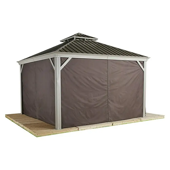 Sojag Pavillon-Seitenwände Messina - Passend für Pavillon Messina 10 x 12, Taupe - Ein stilvoller Pavillon mit braunen Vorhängen und einem robusten, dunklen Dach. Perfekt für jede Gartenparty oder als Rückzugsort im Freien.