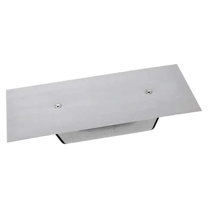 Bellota Llana de alisado recta inoxidable 5861 - 150 x 80 mm - Primer plano de una campana extractora de acero inoxidable con dos tornillos que complementan su diseño. Combina funcionalidad y aspecto elegante.