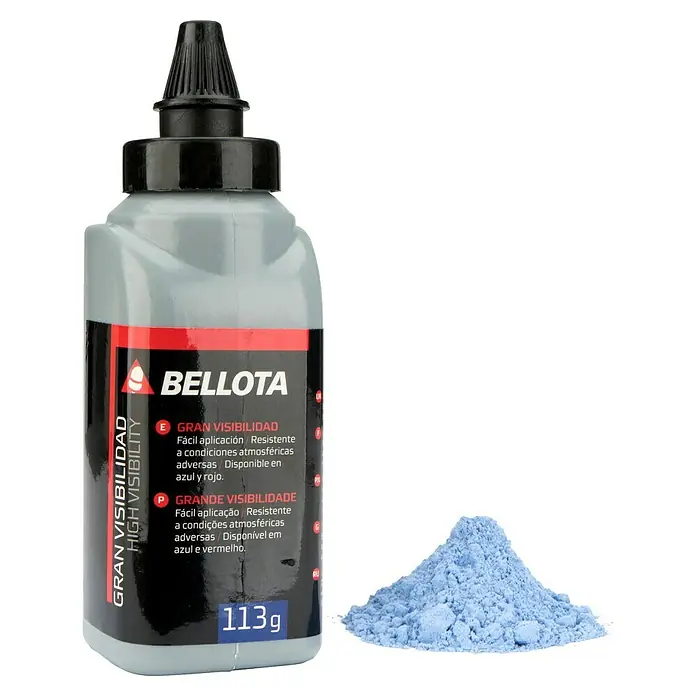 Bellota Tiralíneas con polvo trazador - Plástico - Imagen de polvo de marcado Bellota en una botella de plástico gris con polvo azul al lado, destacando la alta visibilidad del producto.
