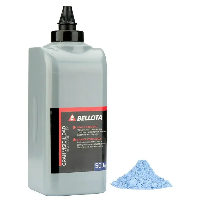 Bellota Polvo trazador - 500 g - Esta imagen muestra una botella de polvo de marcado de alta visibilidad BELLOTA Gran Visibilidad, acompañada de un pequeño montón de polvo azul.