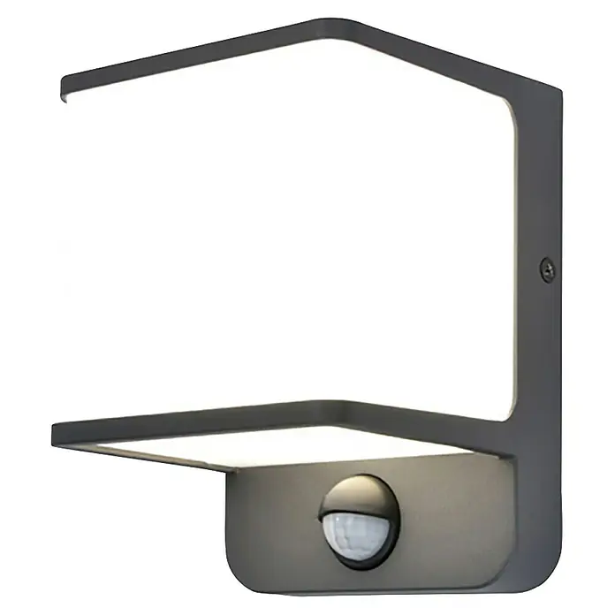 Lutec Doblo LED-Sensor-Außenwandleuchte - 14 W, L x B x H: 10,3 x 11 x 146 cm, Anthrazit - Bild einer modernen quadratischen Außenleuchte mit Bewegungsmelder. Die Leuchte ist grau und spendet helles Licht.