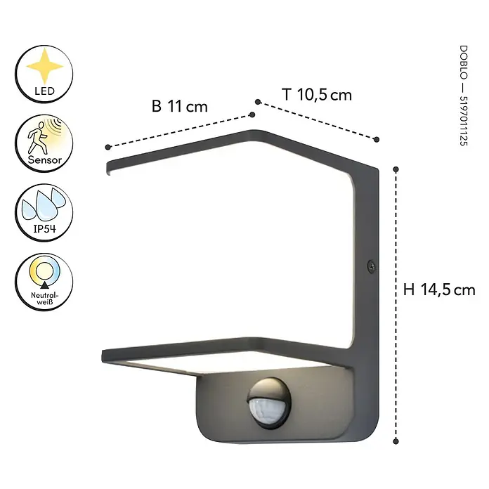 Lutec Doblo LED-Sensor-Außenwandleuchte - 14 W, L x B x H: 10,3 x 11 x 146 cm, Anthrazit - Abbildung einer grauen LED-Wandleuchte mit Bewegungssensor und den Maßen Breite 11 cm, Tiefe 10,5 cm und Höhe 14,5 cm.