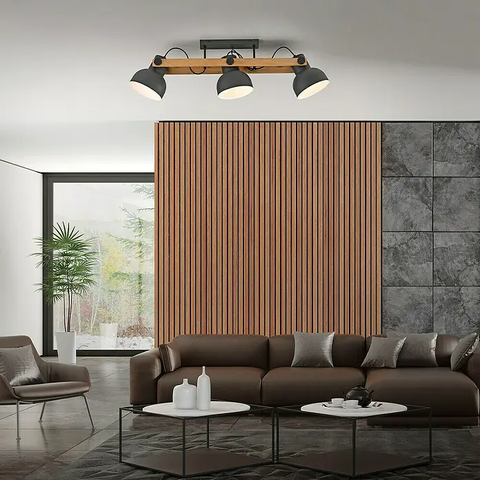 Just Light Regleta CUP 2.0 - 60 W, L x An x Al: 26 x 16,6 x 96 cm, Negro, E27 - Lámpara de techo moderna con tres focos y viga de madera, ideal para salones. La lámpara proporciona iluminación elegante y ambiente.