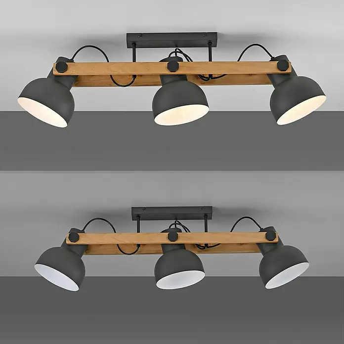 Just Light Regleta CUP 2.0 - 60 W, L x An x Al: 26 x 16,6 x 96 cm, Negro, E27 - Lámpara colgante con tres focos grises ajustables y suspensión de madera para una iluminación moderna e industrial en la habitación.
