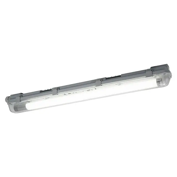 Ledvance Tira de luz LED antihumedad Subamrine - 8 W, Largo: 65,1 cm, IP65 - Una lámpara fluorescente impermeable con un soporte gris y una cubierta transparente, que proporciona una iluminación brillante y fiable.