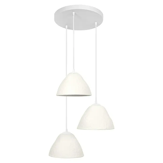 Ledvance Lámpara colgante redonda Camel Bell - 40 W, Ø x Al: 43,7 x 160,5 cm, Blanco, E14 - Una lámpara colgante con tres pantallas blancas en forma de cúpula y varillas delgadas suspendidas de una placa redonda de techo.