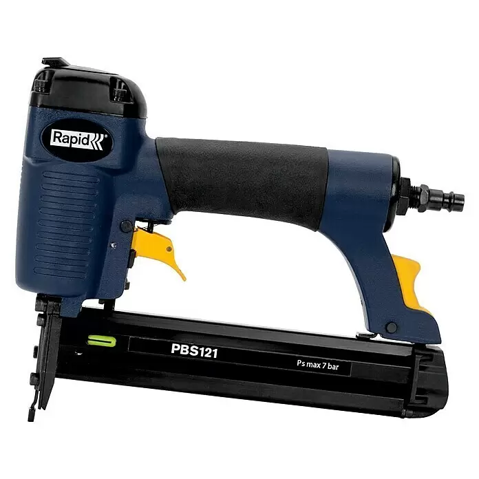 Rapid Clavadora combinada AirTac PBS121 - Profundidad de grapado: 12 mm - 30 mm, Apto para: Grapas tipo 606, Neumático - Grapadora/clavadora neumática azul y negra con gatillos amarillos, marca 'Rapid', modelo 'PBS121', apta para presión máx. de 7 bar.