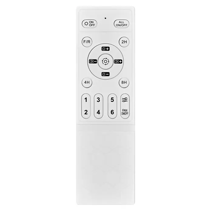 Osram Ventilador de techo Ceiling Fan Compact - Blanco, 48 cm, 49 W, Blanco cálido - Un primer plano del mando a distancia de un ventilador de techo, con varios botones para controlar la luz y el ventilador.