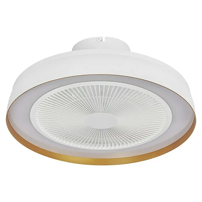Osram Ventilador de techo Ceiling Fan Compact - Blanco, 48 cm, 49 W, Blanco cálido - Primer plano de un ventilador de techo redondo con iluminación LED y rejilla blanca.