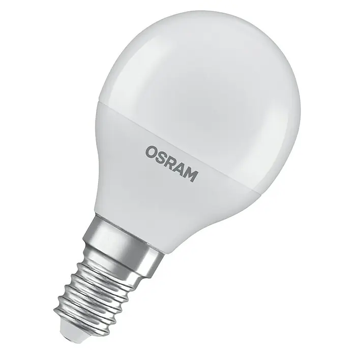 Osram Set de bombillas LED - E14, 4,9 W, 470 lm, 3 ud., Blanco neutro - Imagen de una bombilla LED OSRAM blanca con base E14, que ofrece iluminación eficiente para tu hogar.