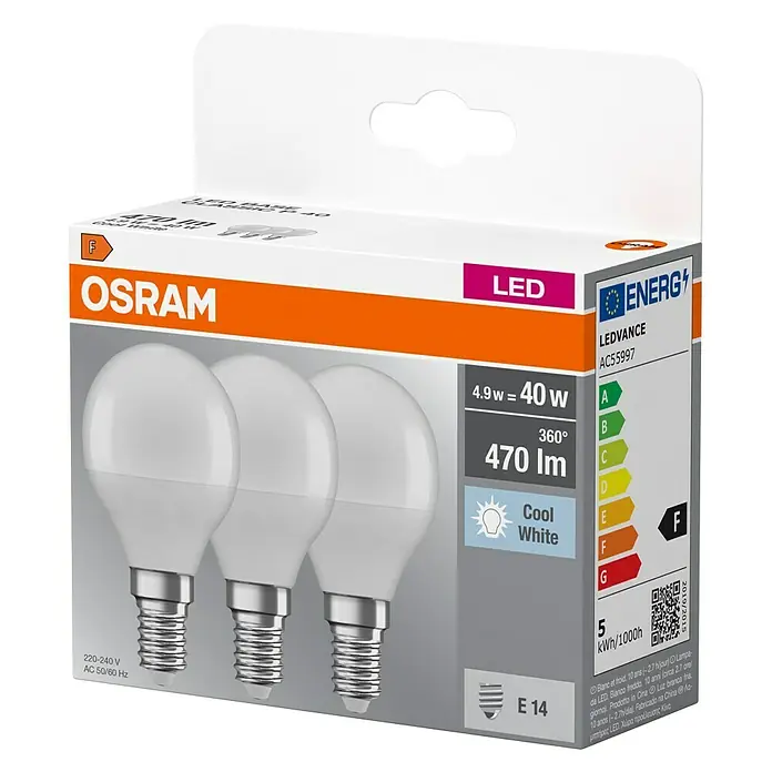 Osram Set de bombillas LED - E14, 4,9 W, 470 lm, 3 ud., Blanco neutro - Imagen de una lámpara LED OSRAM, 4,9W equivalente a 40W, 470 lúmenes, blanco frío, base E14. Clase de eficiencia energética F.