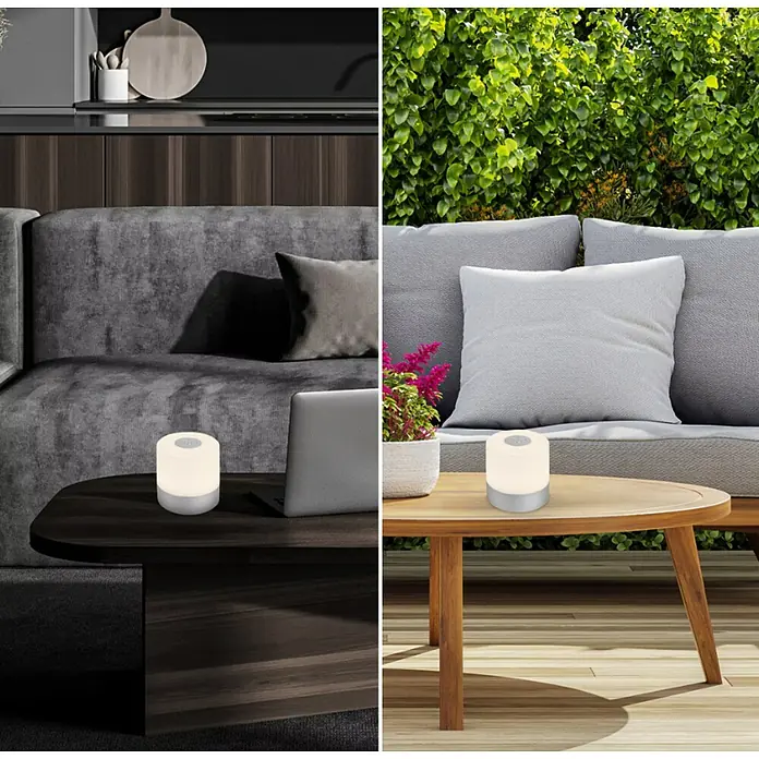 Briloner Lámpara de sobremesa LED redonda Smal - 2 W, Transparente, Blanco cálido - La imagen muestra una moderna lámpara de mesa LED en dos ambientes diferentes, destacando su versatilidad.\n
