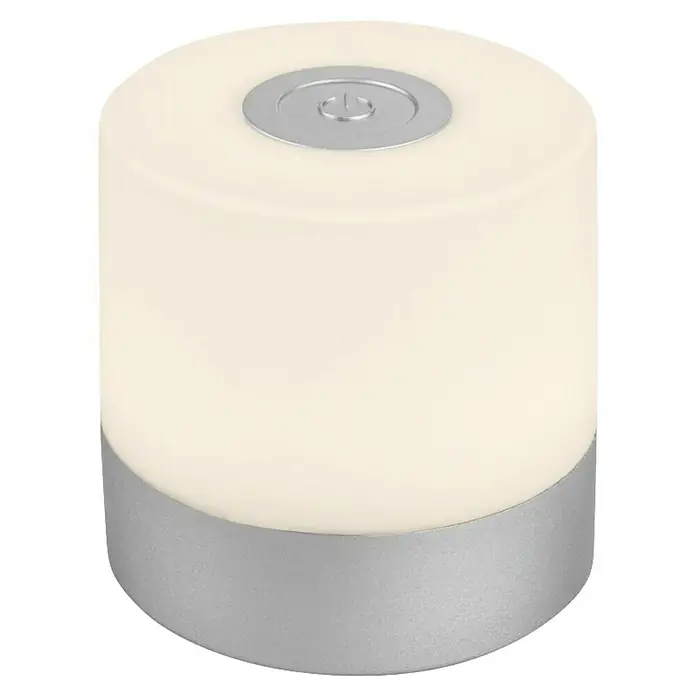 Briloner Lámpara de sobremesa LED redonda Smal - 2 W, Transparente, Blanco cálido - Primer plano de una elegante lámpara de mesa redonda con base plateada e interruptor de encendido/apagado integrado en la parte superior para un ambiente moderno.