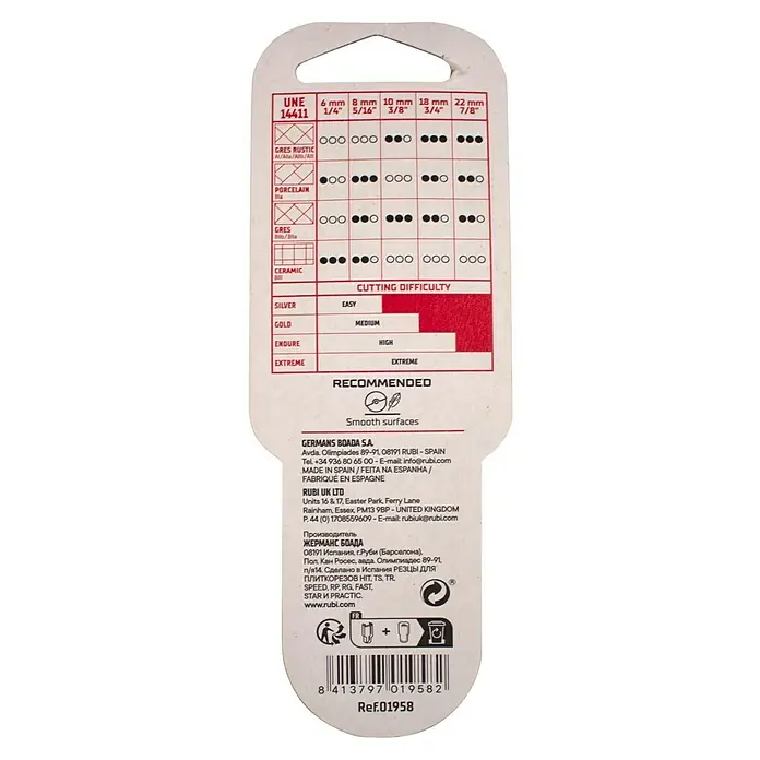 Rubi Rodel de corte de recambio - Diámetro: 8 mm - Imagen del producto: parte trasera del embalaje de las rodeles RUBI que muestra recomendaciones de materiales y dificultades para varios tipos y grosores de baldosas.