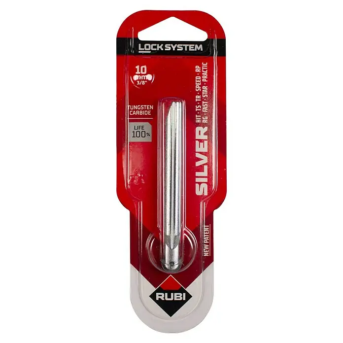 Rubi Rodel de corte de recambio - Diámetro: 10 mm - Primer plano de una cuchilla de repuesto para cortador de azulejos RUBI SILVER, empaquetada en plástico rojo, que anuncia su durabilidad y precisión.