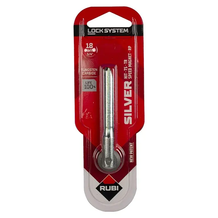 Rubi Rodel de corte de recambio - 18 mm - Primer plano de un envase de cortador de azulejos RUBI SILVER, de 18 mm de diámetro, con carburo de tungsteno para una larga vida útil.