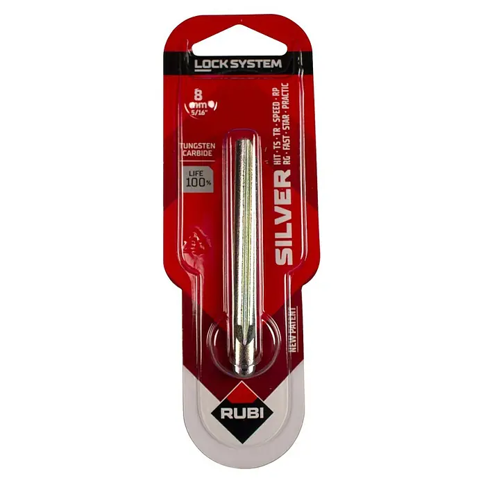 Rubi Rodel de corte de recambio - Diámetro: 8 mm - Primer plano del embalaje de un cortador de azulejos Rubi SILVER de 8 mm, hecho de carburo de tungsteno con una vida útil del 100%.