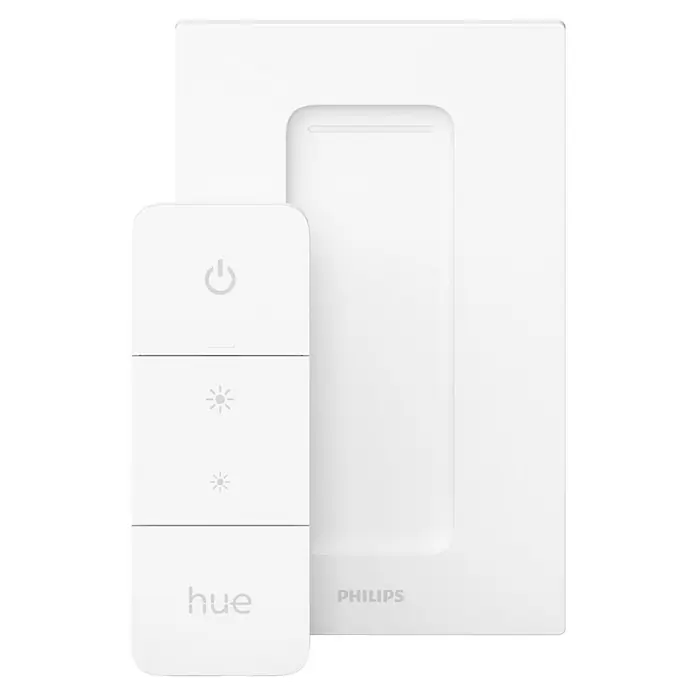 Philips Hue LED-Pendelleuchte rund White Ambience Amaze - 25 W, Ø x H: 43,4 x 150 cm, Schwarz - Abbildung eines Philips Hue Dimmschalters und einer Wandschalterhalterung. Ideal zur bequemen Steuerung Ihres intelligenten Beleuchtungssystems.