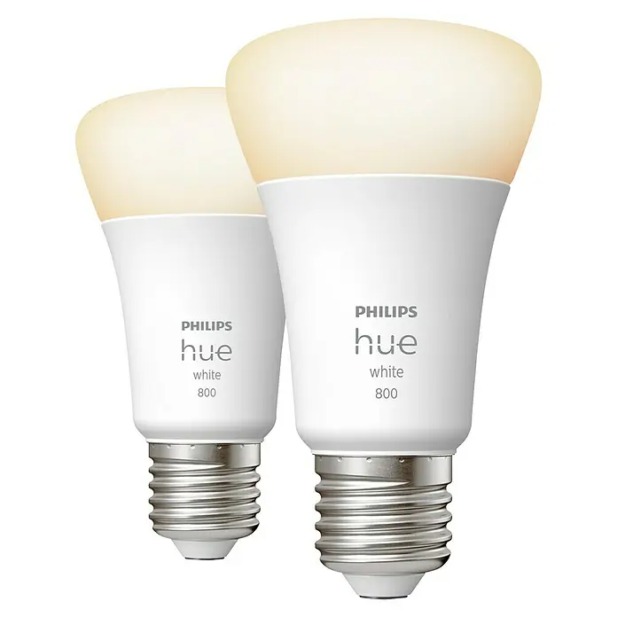 Philips Hue Smart-LED-Lampen Set White - E27, Dimmbar, Warmweiß, 806 lm, 9,5 W, 2 Stk. - Zwei Philips Hue White 800 Glühbirnen, die intelligentes Licht für Ihr Zuhause bieten und eine einfache Steuerung ermöglichen.