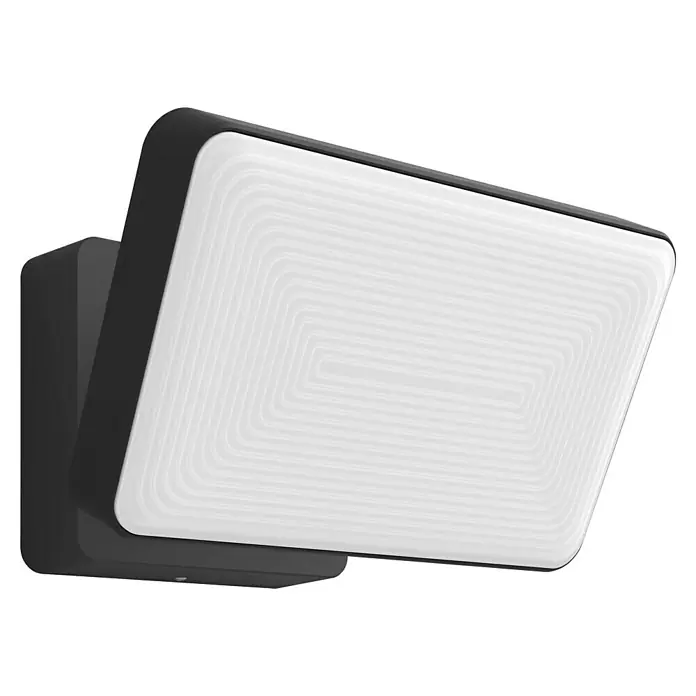 Philips Wiz LED-Außenwandleuchte Welcome - 20,5 W, 16 x 2 x 15,3 cm, Schwarz, IP44 - Nahaufnahme einer grauen Arlo Sicherheitsleuchte mit einem rechteckigen Design, das ideal für den Außenbereich ist, um Ihr Eigentum zu schützen.