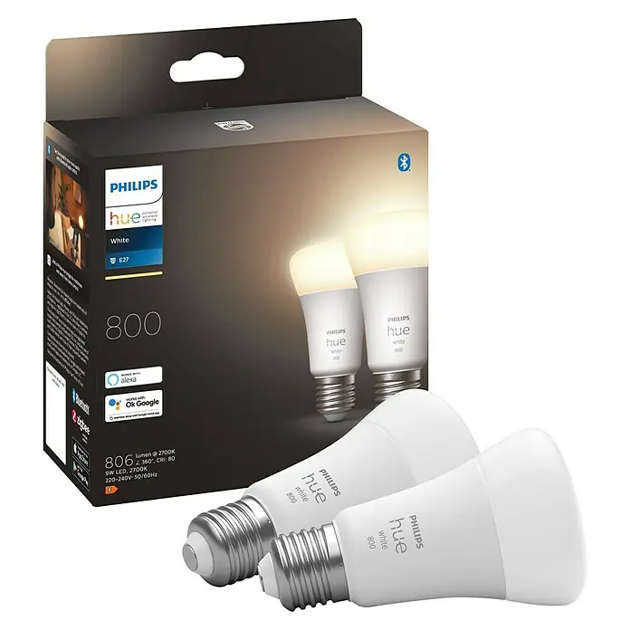 Philips Hue Smart-LED-Lampen Set White - E27, Dimmbar, Warmweiß, 806 lm, 9,5 W, 2 Stk. - Produktfoto von Philips Hue White E27 800 Lumen Doppelpackung, inklusive Verpackung und zwei Glühbirnen.