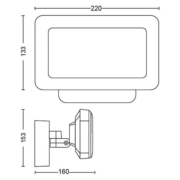 Philips Wiz LED-Außenwandleuchte Welcome - 20,5 W, 16 x 2 x 15,3 cm, Schwarz, IP44 - Technische Zeichnung einer rechteckigen Wandleuchte mit abgerundeten Ecken und den Maßen 220x133mm (oben) und 160x153mm (seitlich).