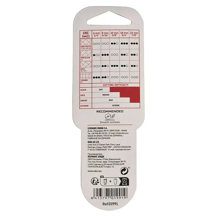 Rubi Rodel de corte de recambio Sllver Plus - 10 mm, 10 ud. - Parte posterior del envase del cortador de azulejos RUBI con información sobre materiales y niveles de dificultad.