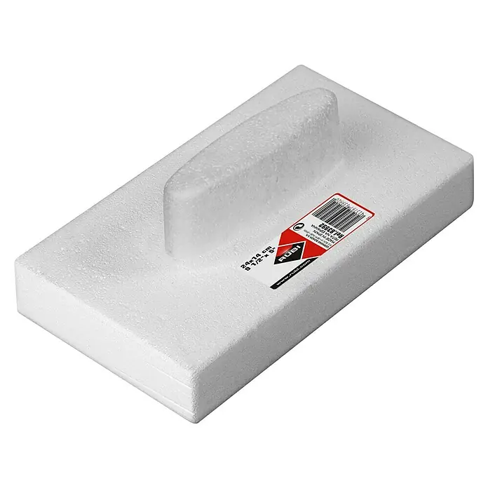 Rubi Llana de alisado de porex rectangular - 14 x 24 cm - Primer plano de una llana de esponja blanca RUBI, ideal para limpiar azulejos después de rejuntar. Herramienta práctica para resultados perfectos.