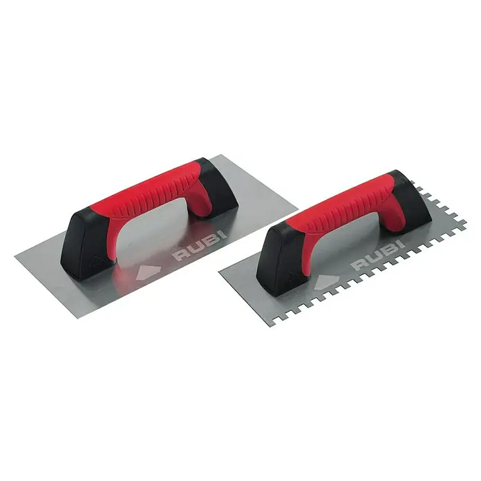 Rubi Llana dentada Rubiflex - 120 x 280 mm, Dientes 6x6, Mango bimaterial - Dos llanas dentadas RUBI con mangos rojos, ideales para aplicar adhesivos en la colocación de baldosas y ofrecen precisión.