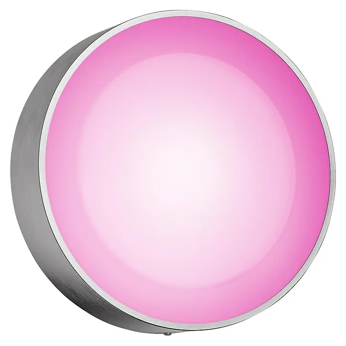 Philips Hue LED-Außenwandleuchte White & Color Ambiance Daylo - 15 W, 22 x 22 x 7,6 cm, Silber, IP44 - Rosa beleuchteter runder Knopf, ideal für moderne Anwendungen. Das schlichte Design strahlt Eleganz und Funktionalität aus.