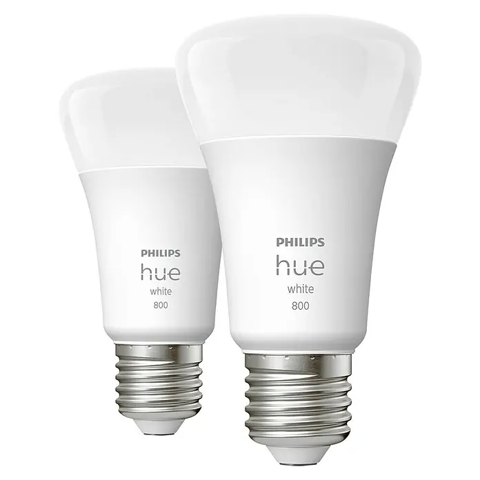 Philips Hue Smart-LED-Lampen Set White - E27, Dimmbar, Warmweiß, 806 lm, 9,5 W, 2 Stk. - Zwei Philips Hue White 800 Glühbirnen, die intelligentes Licht für Ihr Zuhause bieten und eine einfache Steuerung ermöglichen.