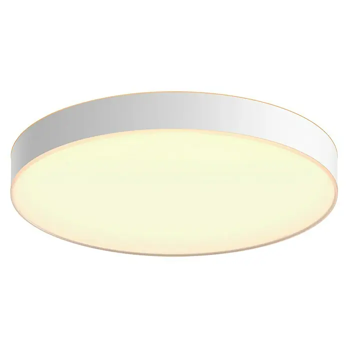 Philips Hue LED-Deckenleuchte rund White Ambience Enrave XL - 48 W, Ø x H: 55,1 x 8,4 cm, Weiß, Kaltweiß - Nahaufnahme einer runden, weißen Deckenleuchte mit warmweißem Licht. Ideal für moderne Innenräume.