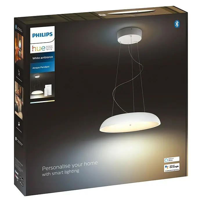 Philips Hue LED-Pendelleuchte rund White Ambience Amaze - 25 W, Ø x H: 43,4 x 150 cm, Weiß - Nahaufnahme der Verpackung einer Philips Hue Amaze Pendelleuchte mit dem Fokus auf intelligenter Beleuchtung für Ihr Zuhause.