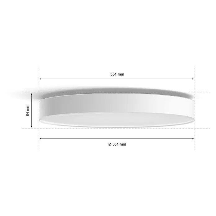 Philips Hue LED-Deckenleuchte rund White Ambience Enrave XL - 48 W, Ø x H: 55,1 x 8,4 cm, Weiß, Kaltweiß - Eine Nahaufnahme einer runden, weißen LED-Deckenleuchte mit den Maßen 551 mm Durchmesser und 84 mm Höhe.