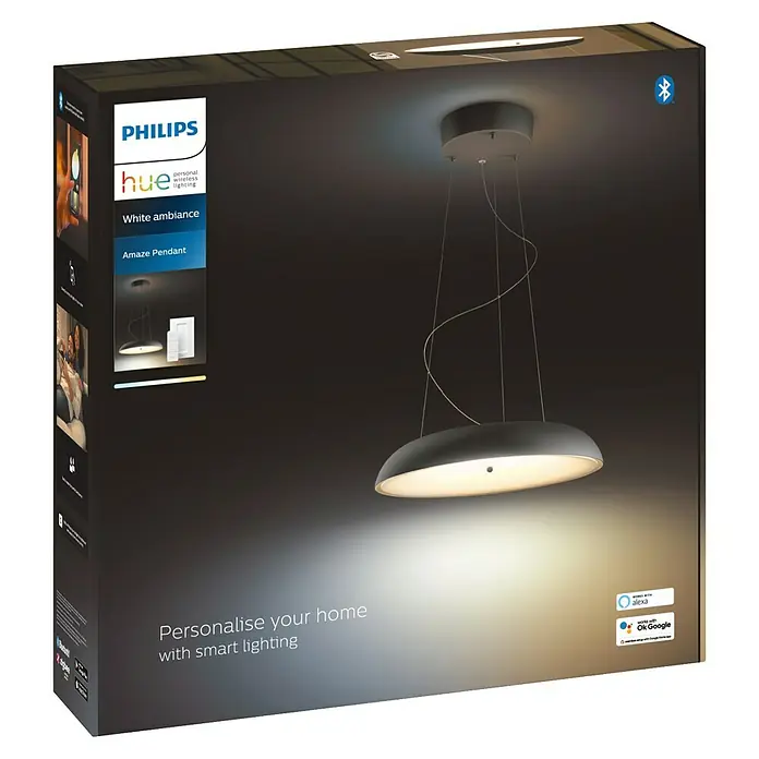 Philips Hue LED-Pendelleuchte rund White Ambience Amaze - 25 W, Ø x H: 43,4 x 150 cm, Schwarz - Die Philips Hue Amaze Pendelleuchte in der Verpackung. Intelligente Beleuchtung für ein persönliches Zuhause mit Sprachsteuerung.