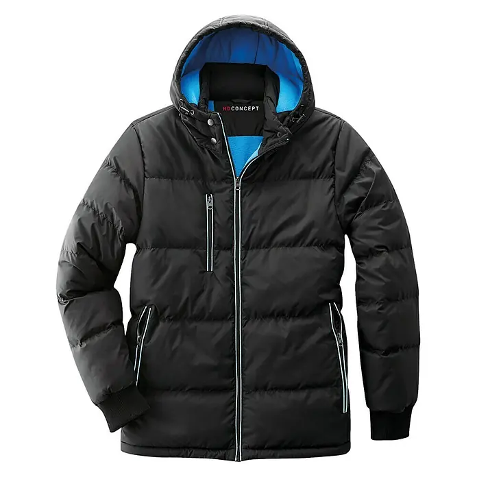 HD Concept Thermojacke - XL, Blau/Schwarz - Schwarze HDCONCEPT Daunenjacke mit Kapuze und blauen Details, ideal für kalte Tage.