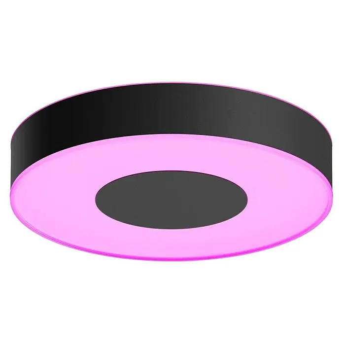 Philips Hue LED-Deckenleuchte rund White and color ambience Infuse M - Ø x H: 38,1 x 8,4 cm, RGBW - Eine moderne, schwarze Deckenleuchte mit einem auffälligen, pinkfarbenen Lichtring, der für eine stimmungsvolle Beleuchtung sorgt.